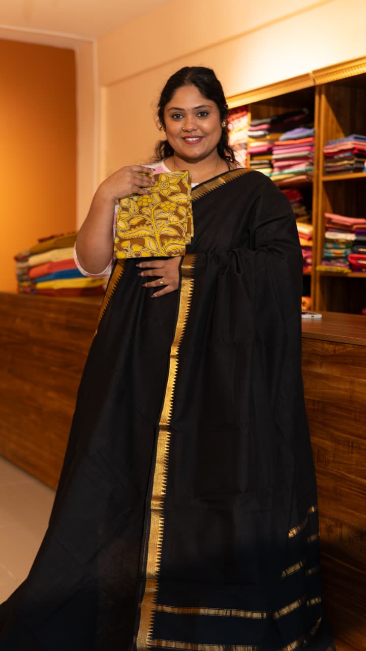 Mangalgiri Cotton Saree with Kalamkari Blouse - 15-11-05-07 (Black)