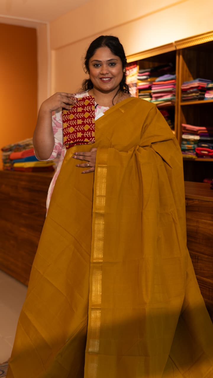 Mangalgiri Cotton Saree with Kalamkari Blouse - 15-11-05-06 (Musturd)