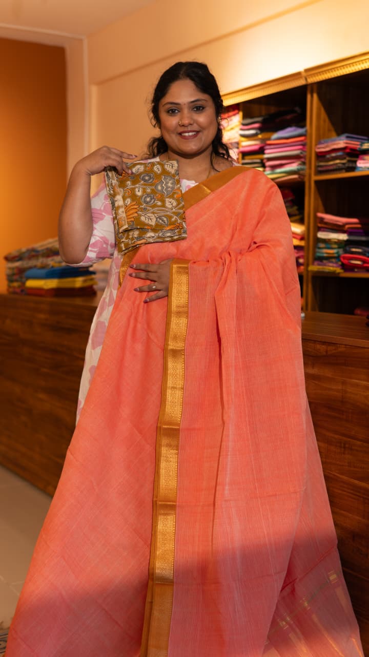 Mangalagiri Pure Cotton Saree with Kalamkari Blouse - 15-11-05-02 (Peach 1.5 Inch Border)