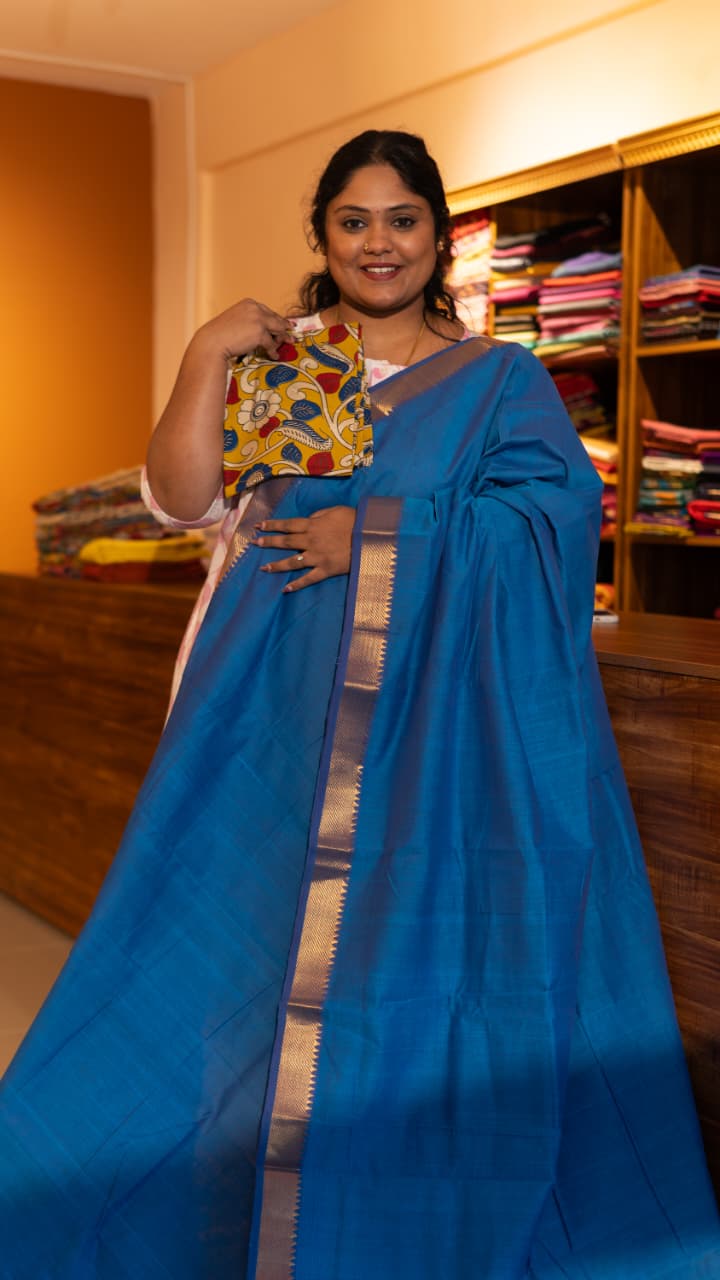 Mangalgiri Cotton Saree with Kalamkari Blouse - 15-11-05-05 (Ramar Blue)