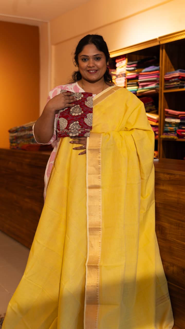 Mangalgiri Cotton Saree with Kalamkari Blouse - 15-11-06-01 (Lime Yellow)