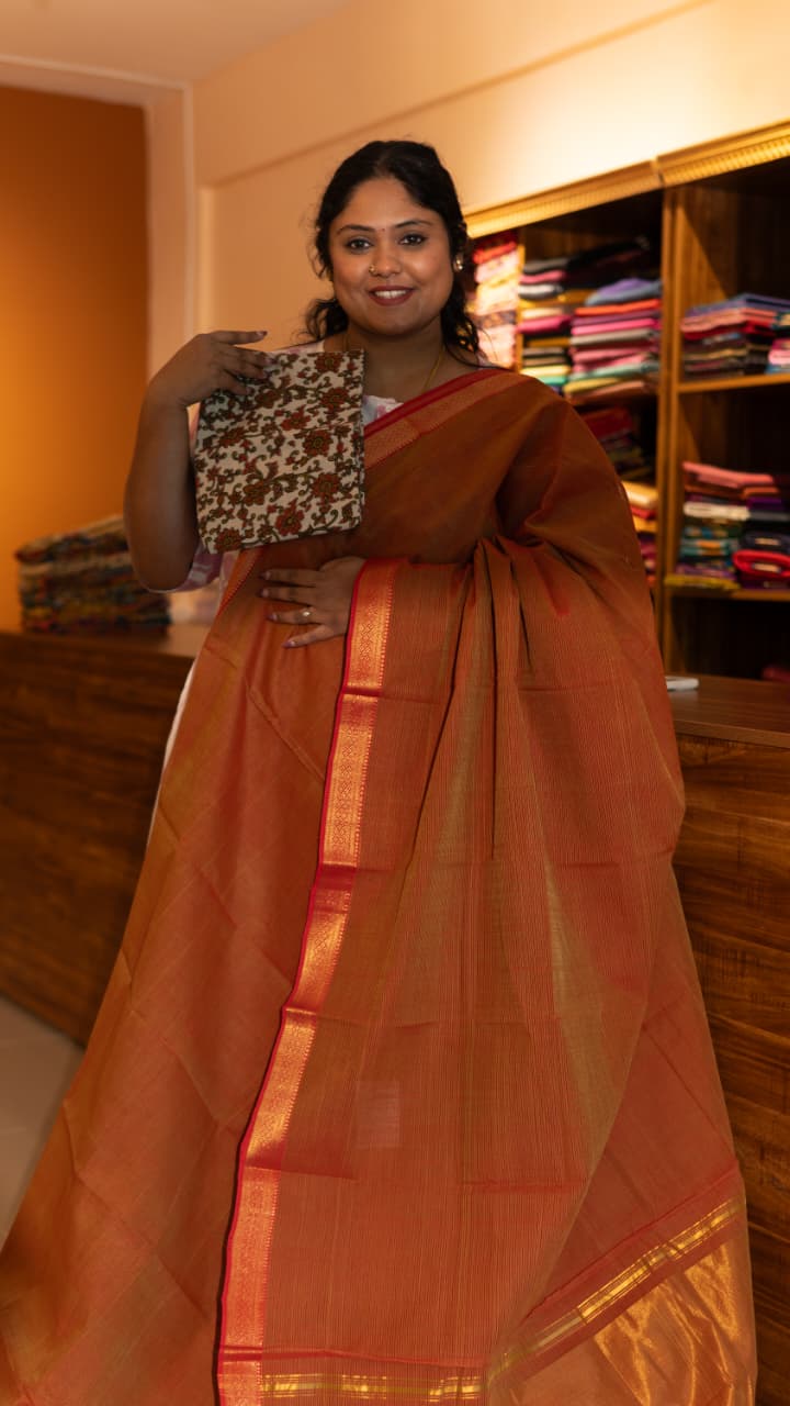 Mangalagiri Pure Cotton Saree with Kalamkari Blouse - 15-11-05-03 (Rusty Orange 1.5 Inch Border)