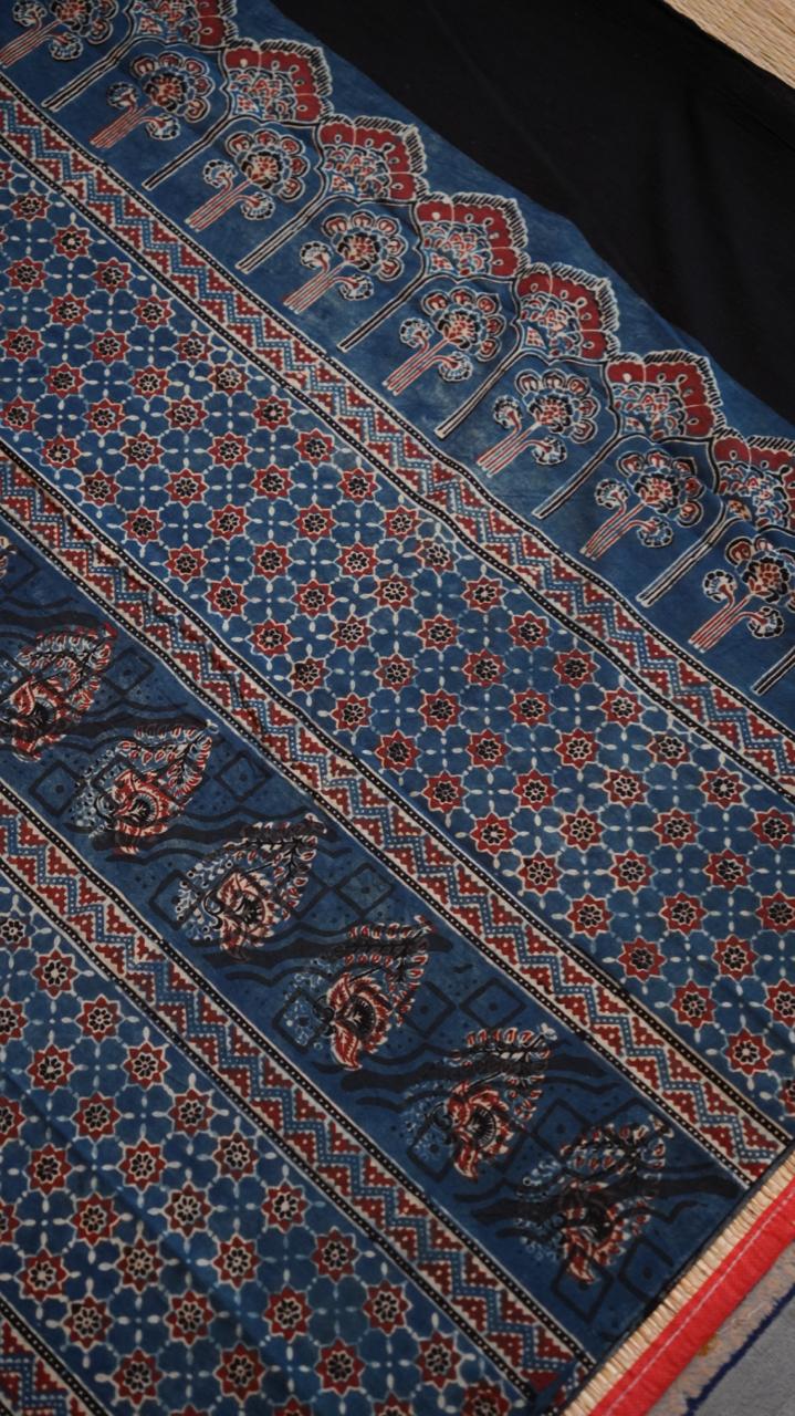 Ajrakh Print Cotton Saree - 46-12-01-06 (Blue)