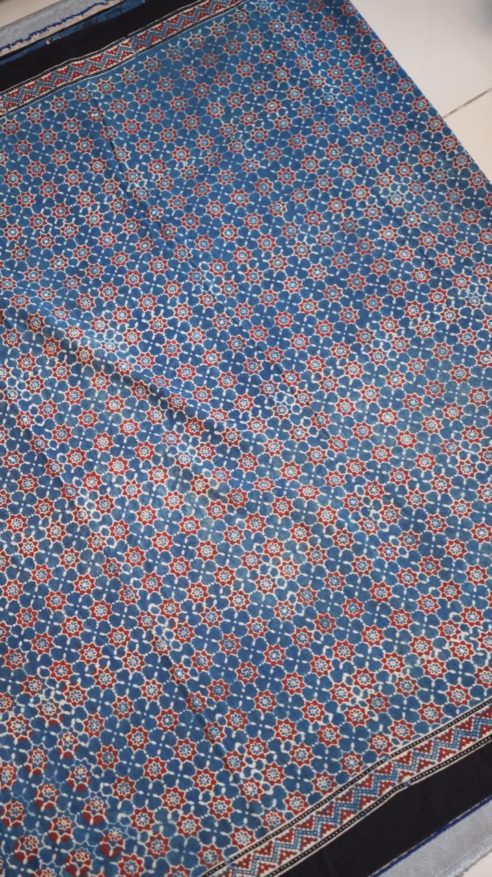 Ajrakh Print Cotton Saree - 46-12-01-06 (Blue)