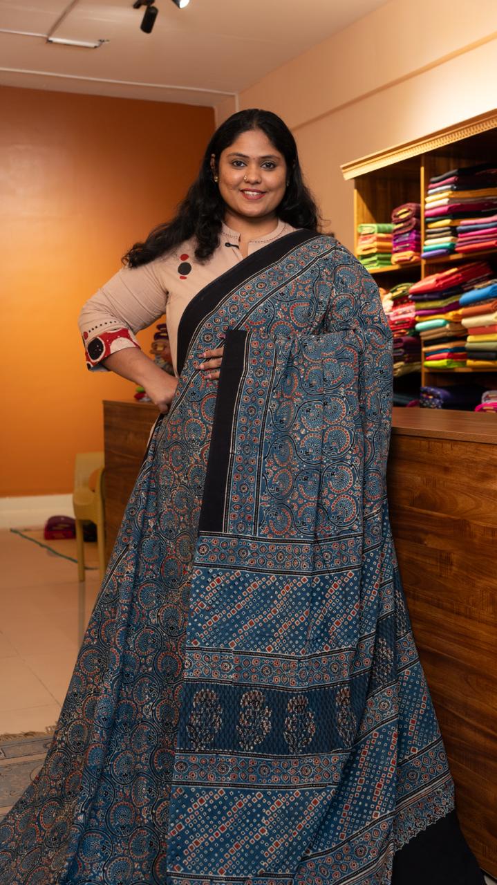 Ajrakh Print Cotton Saree - 46-12-01-04 (Blue)