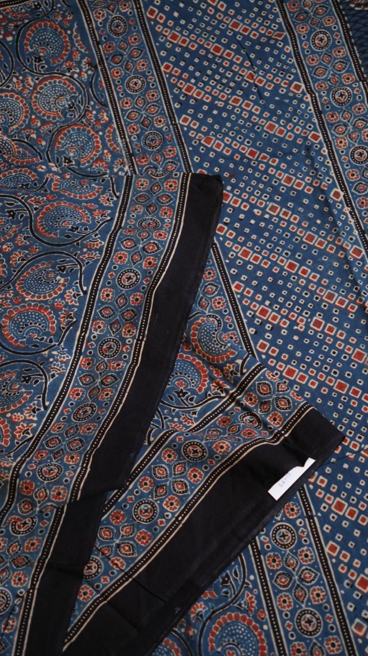 Ajrakh Print Cotton Saree - 46-12-01-04 (Blue)