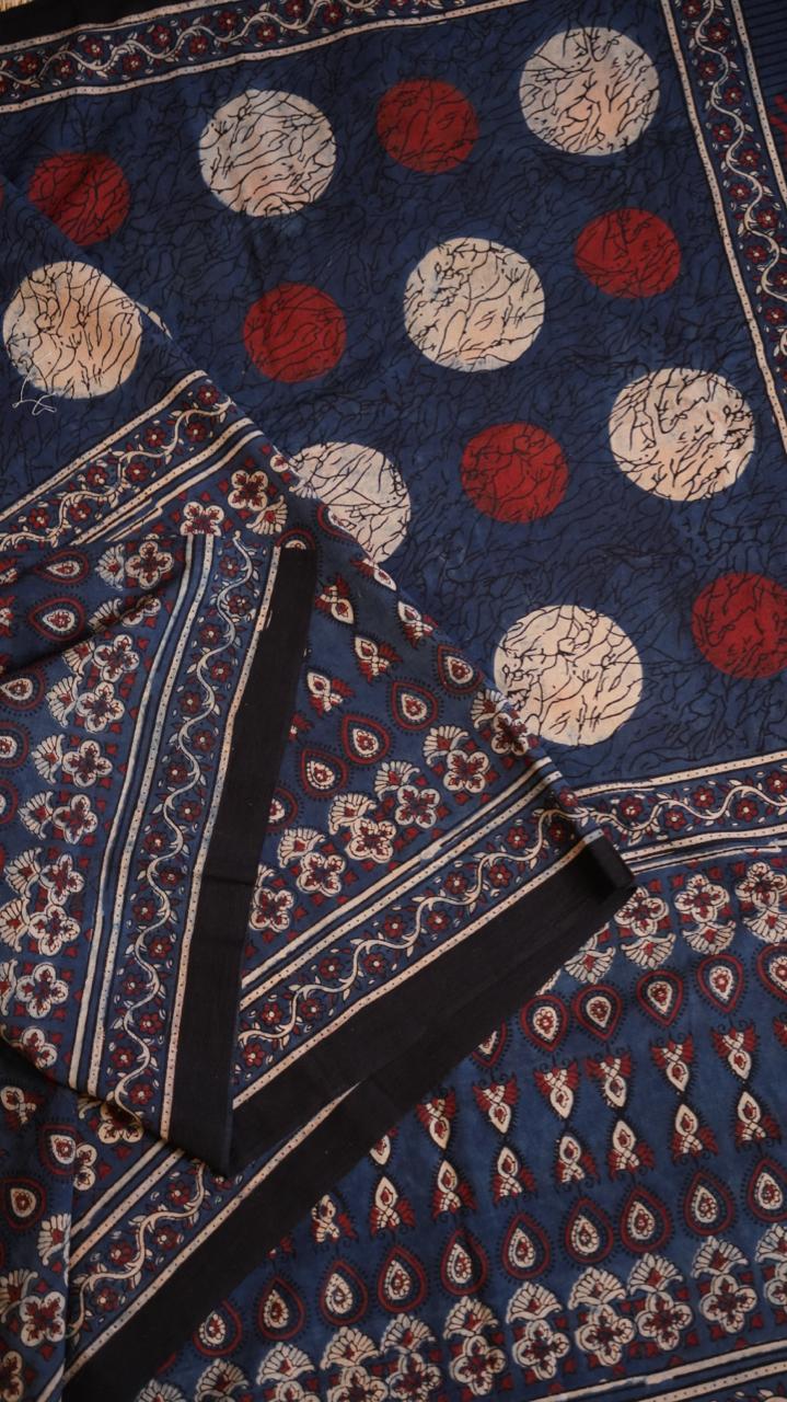 Ajrakh Print Cotton Saree - 46-12-01-09 (Blue)