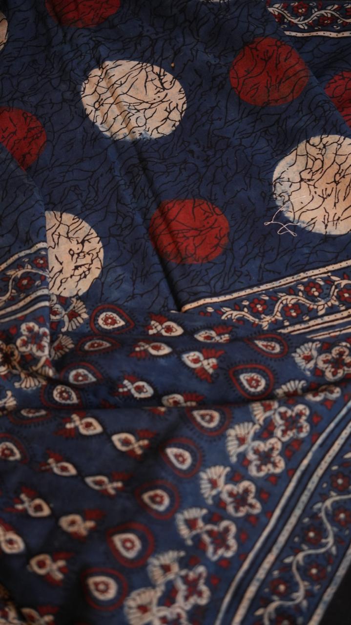 Ajrakh Print Cotton Saree - 46-12-01-09 (Blue)