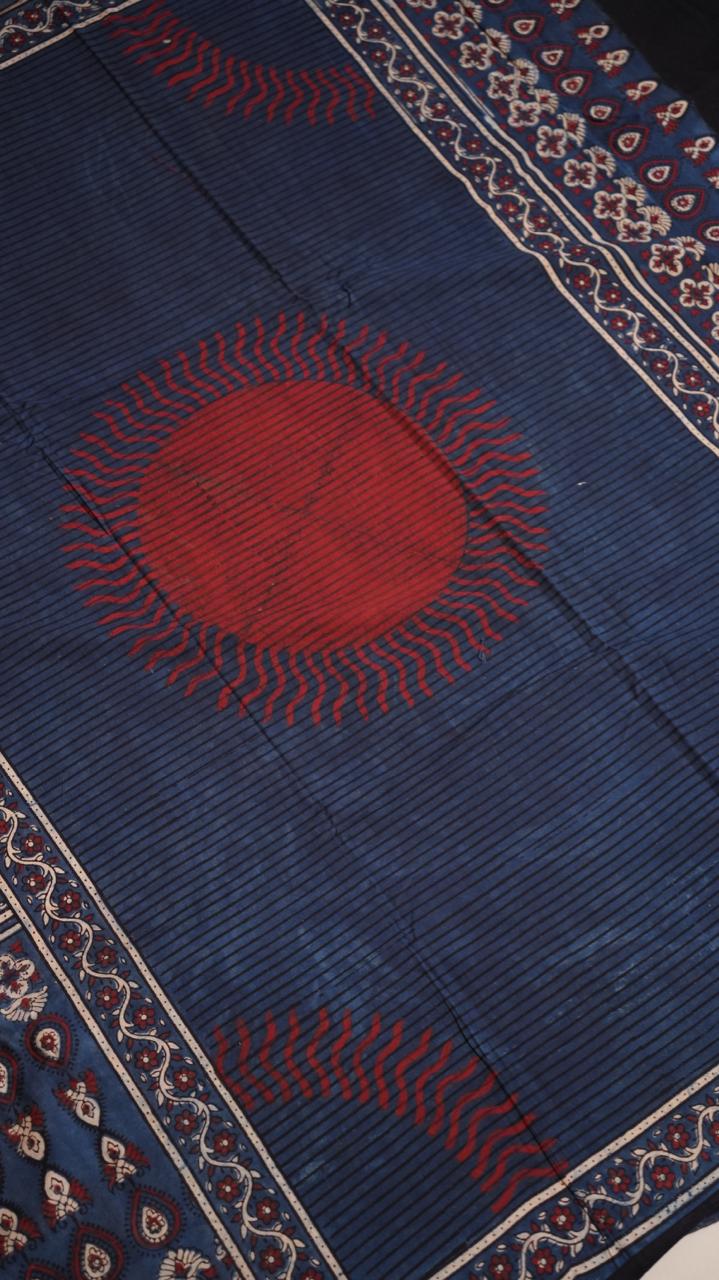 Ajrakh Print Cotton Saree - 46-12-01-09 (Blue)