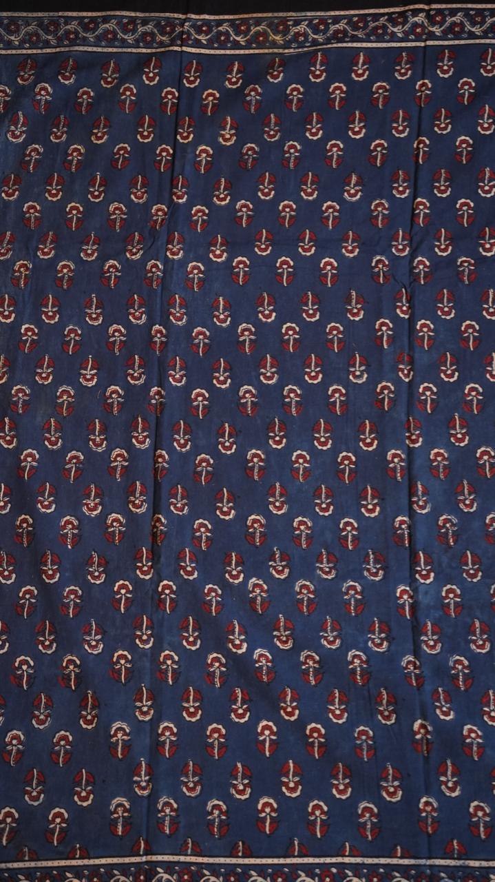 Ajrakh Print Cotton Saree - 46-12-01-09 (Blue)