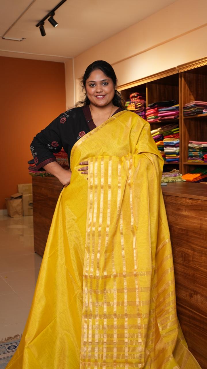 Maheshwari Big Border Tissue Saree - 05-12-07-06 (Yellow Tissue)(The Royals)
