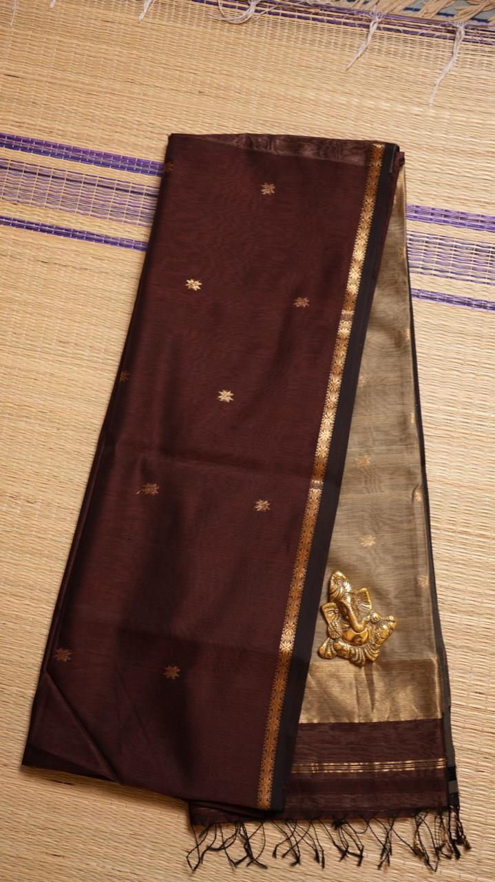 (PREORDERS ONLY 5-6 WEEKS WAIT TIME) Maheshwari Small Border Silk Cotton Saree - 05-12B-01-04 (Brown with Beige) PLEASE READ THE DESCRIPTION BEFORE PLACING ORDER | AVAILABILITY IS MENTIONED FOR PREORDERS ONLY | NO READY STOCK