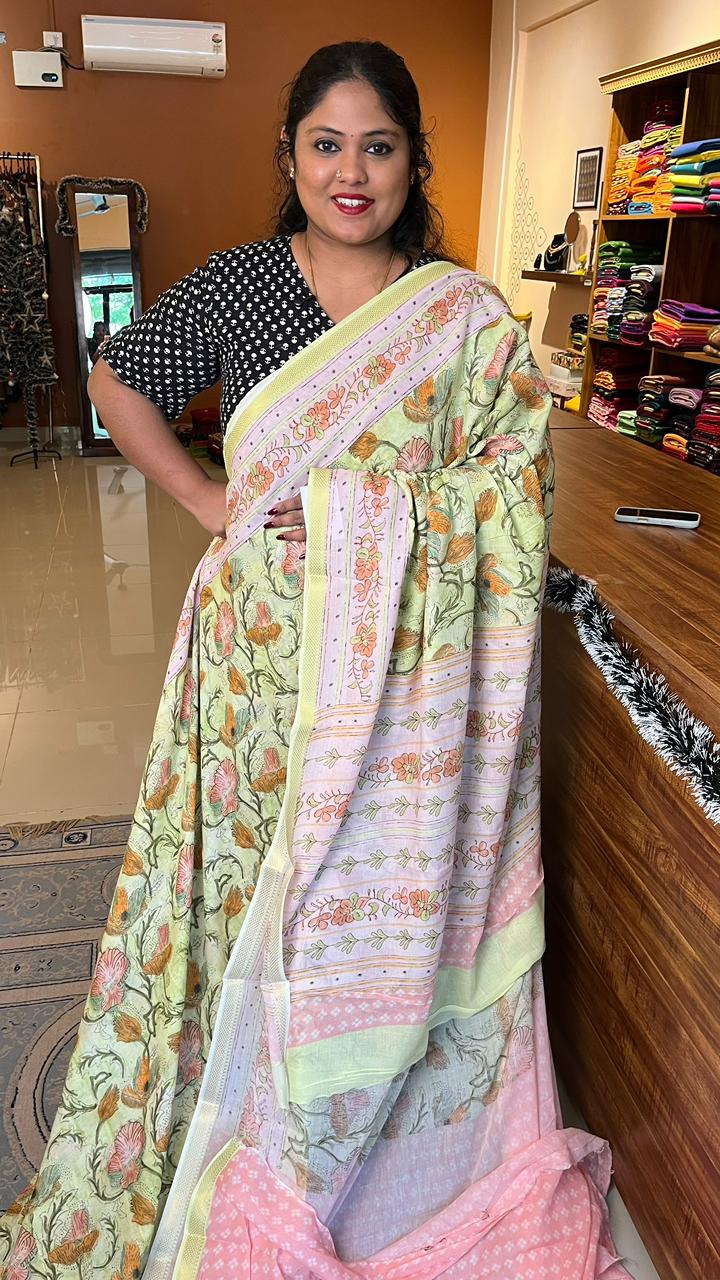 Mul Mul Cotton Mangalagiri  Saree  - 15-09-01-02 (Pista)