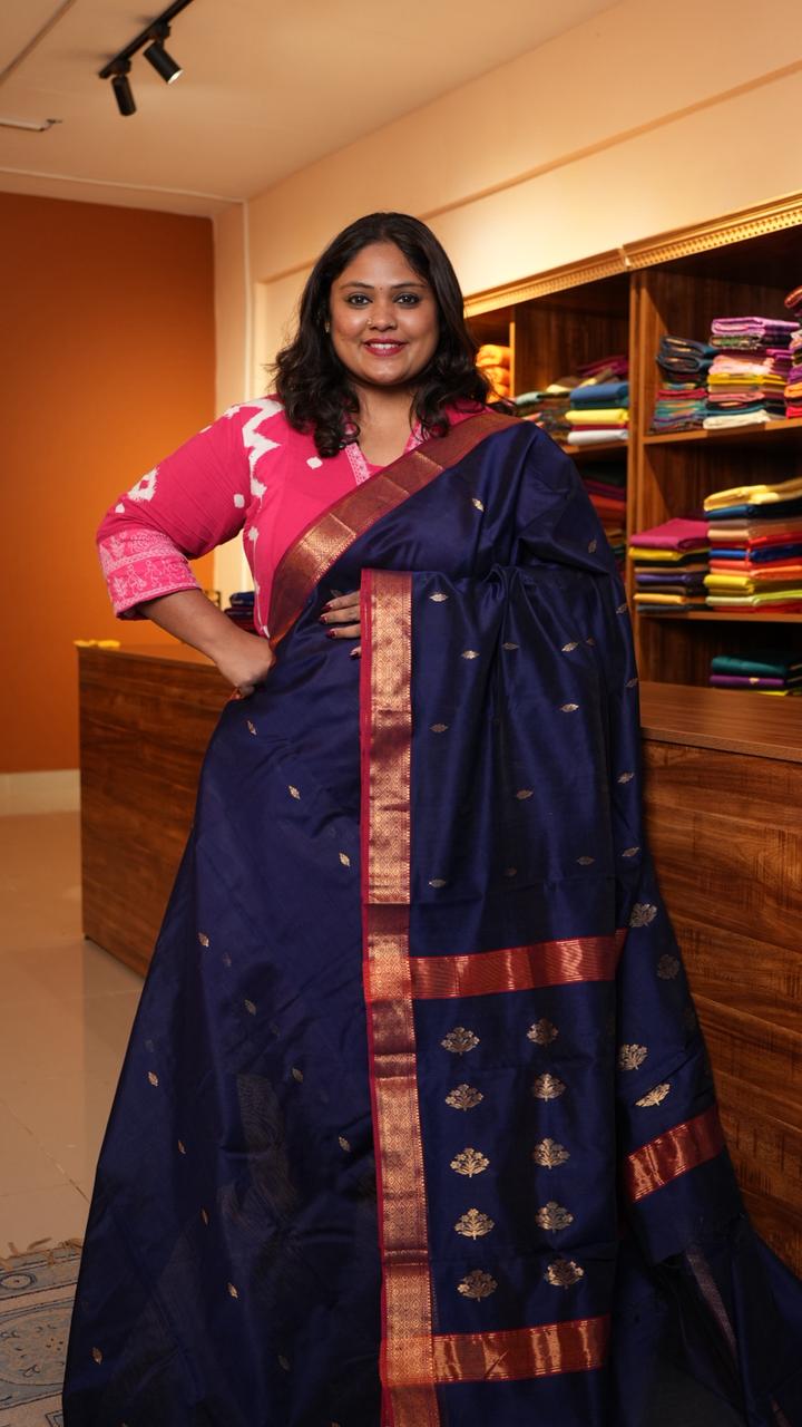 Chanderi Silk Cotton Saree - 51-12-01-05 (Navy Blue) | Chanderi Royale