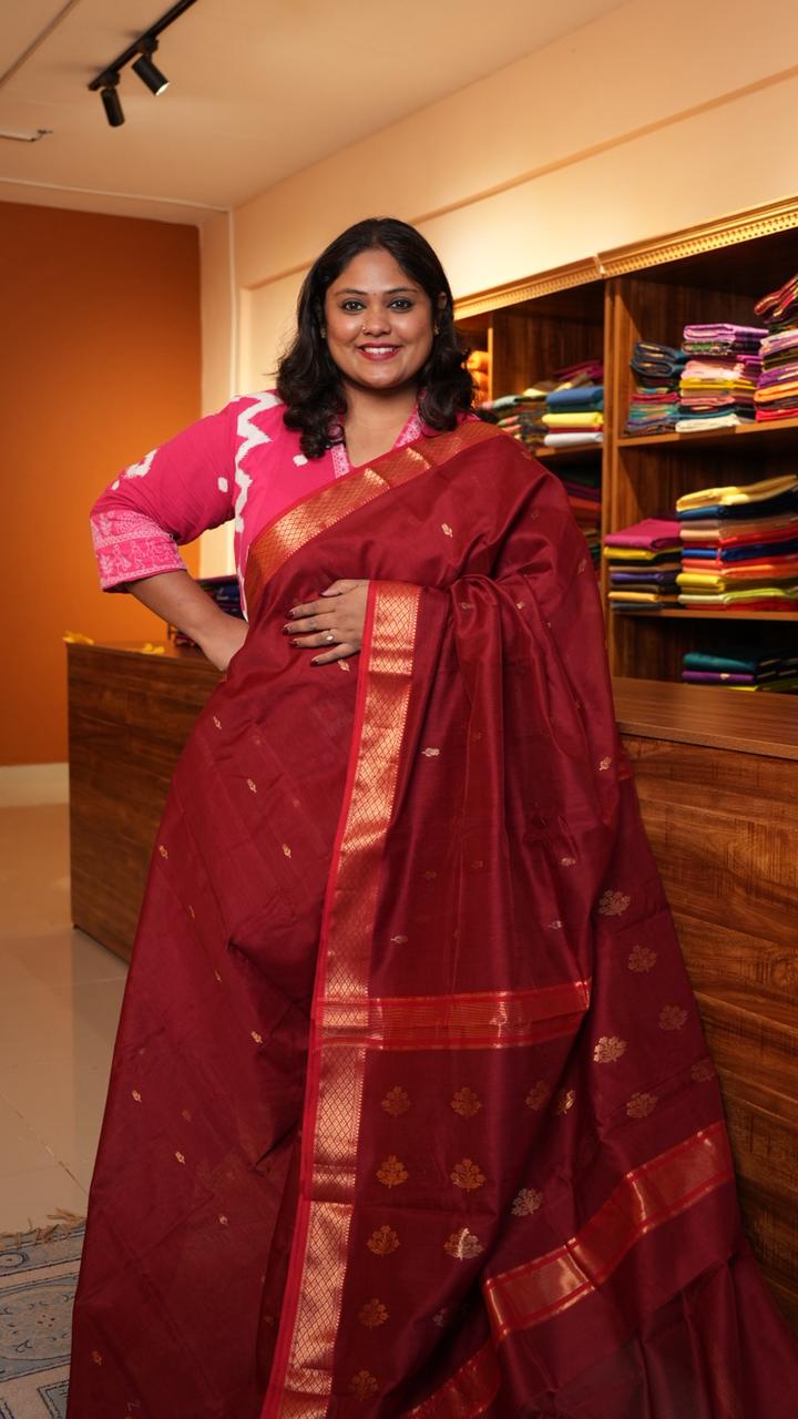 Chanderi Silk Cotton Saree - 51-12-01-02 ( Maroon) | Chanderi Royale