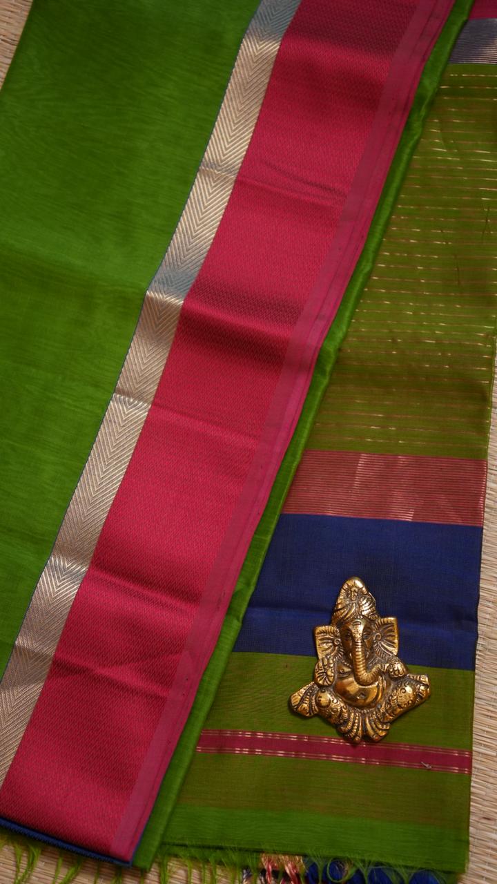 Maheshwari Ganga Jamuna Border Silk Cotton Saree - 15-12B-04-11 (Emerald Blaze)