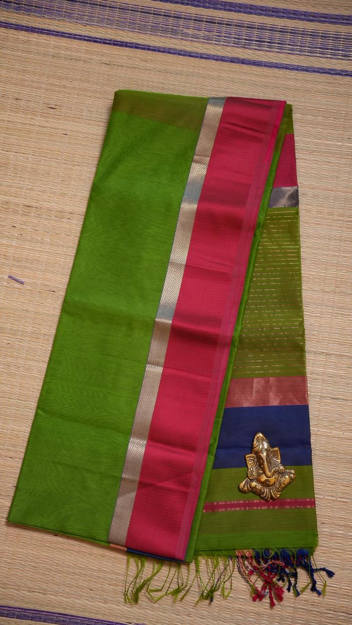Maheshwari Ganga Jamuna Border Silk Cotton Saree - 15-12B-04-11 (Emerald Blaze)