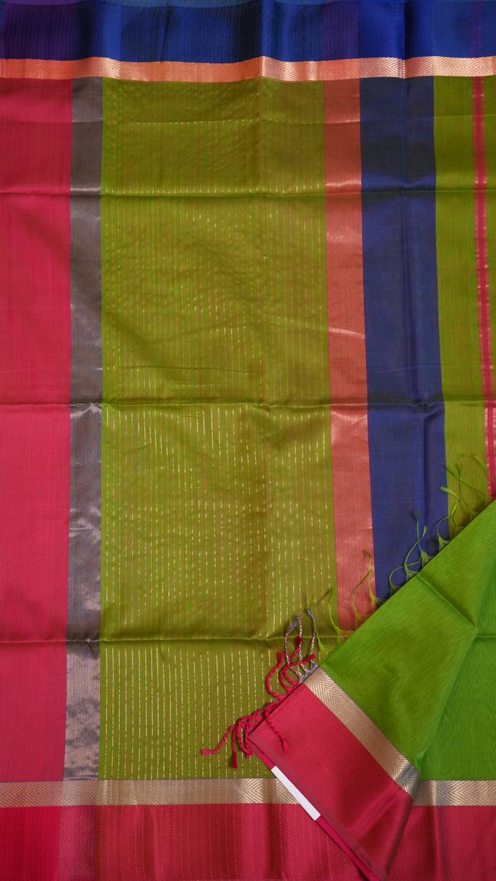Maheshwari Ganga Jamuna Border Silk Cotton Saree - 15-12B-04-11 (Emerald Blaze)