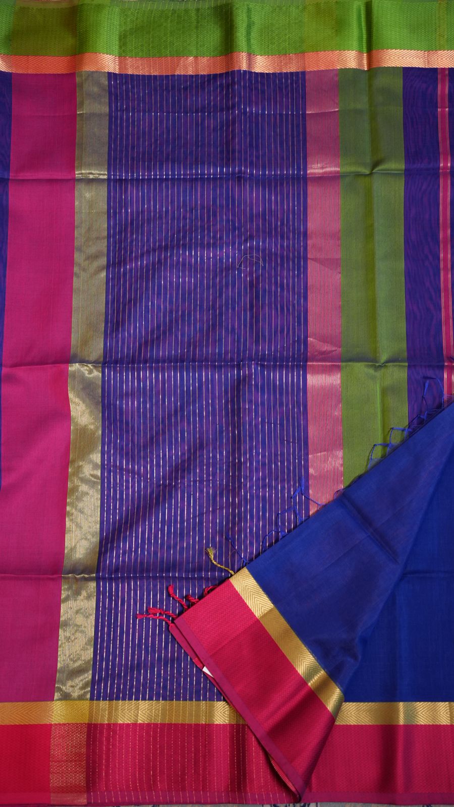 Maheshwari Ganga Jamuna Border Silk Cotton Saree - 15-12B-04-09 (Royal Azure with Vibrant Pink-Green Border)