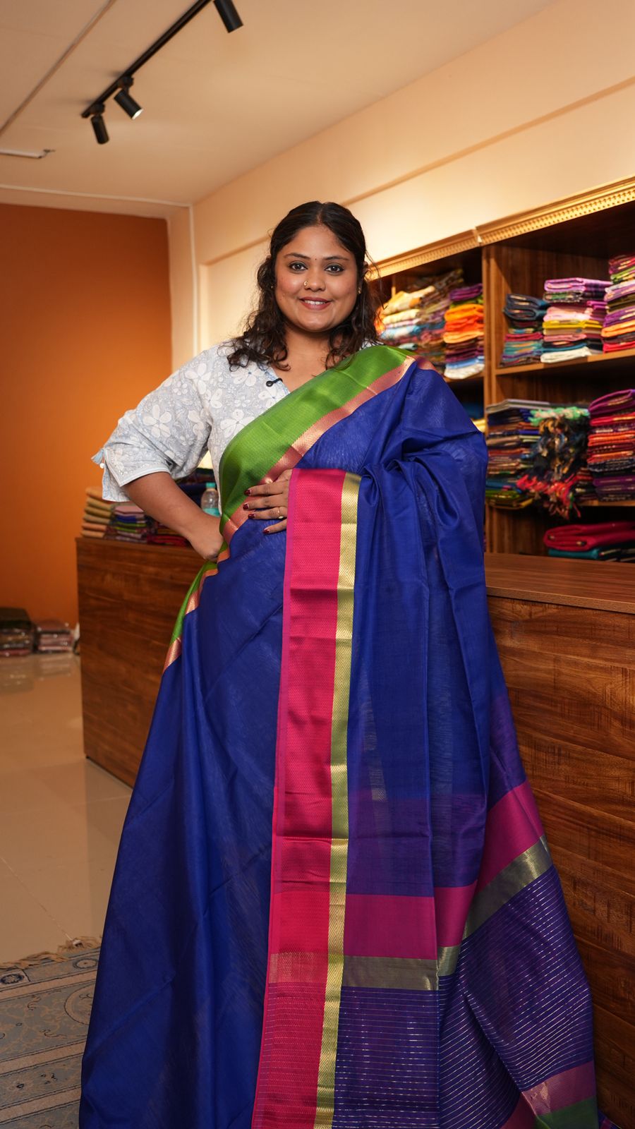 Maheshwari Ganga Jamuna Border Silk Cotton Saree - 15-12B-04-09 (Royal Azure with Vibrant Pink-Green Border)