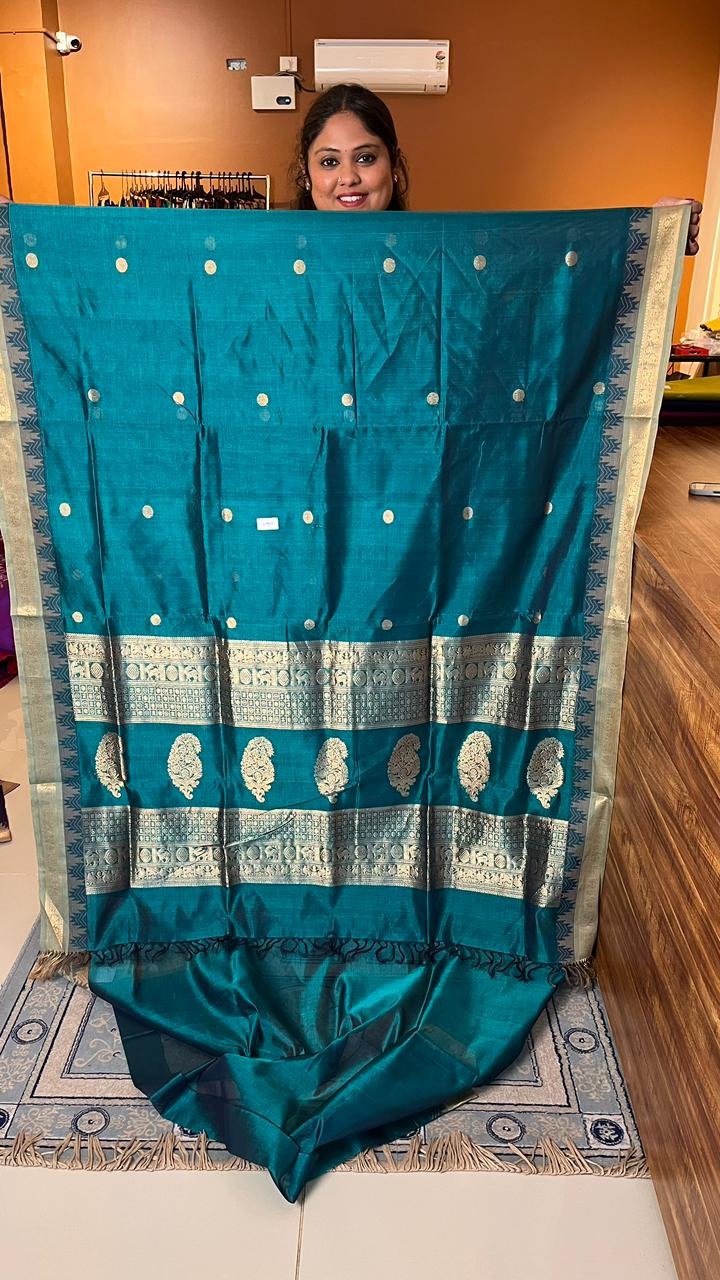 Kanchivaram Silk Cotton Coin Bhutta Saree - 01-01-07-04 (Jewelled Teal)
