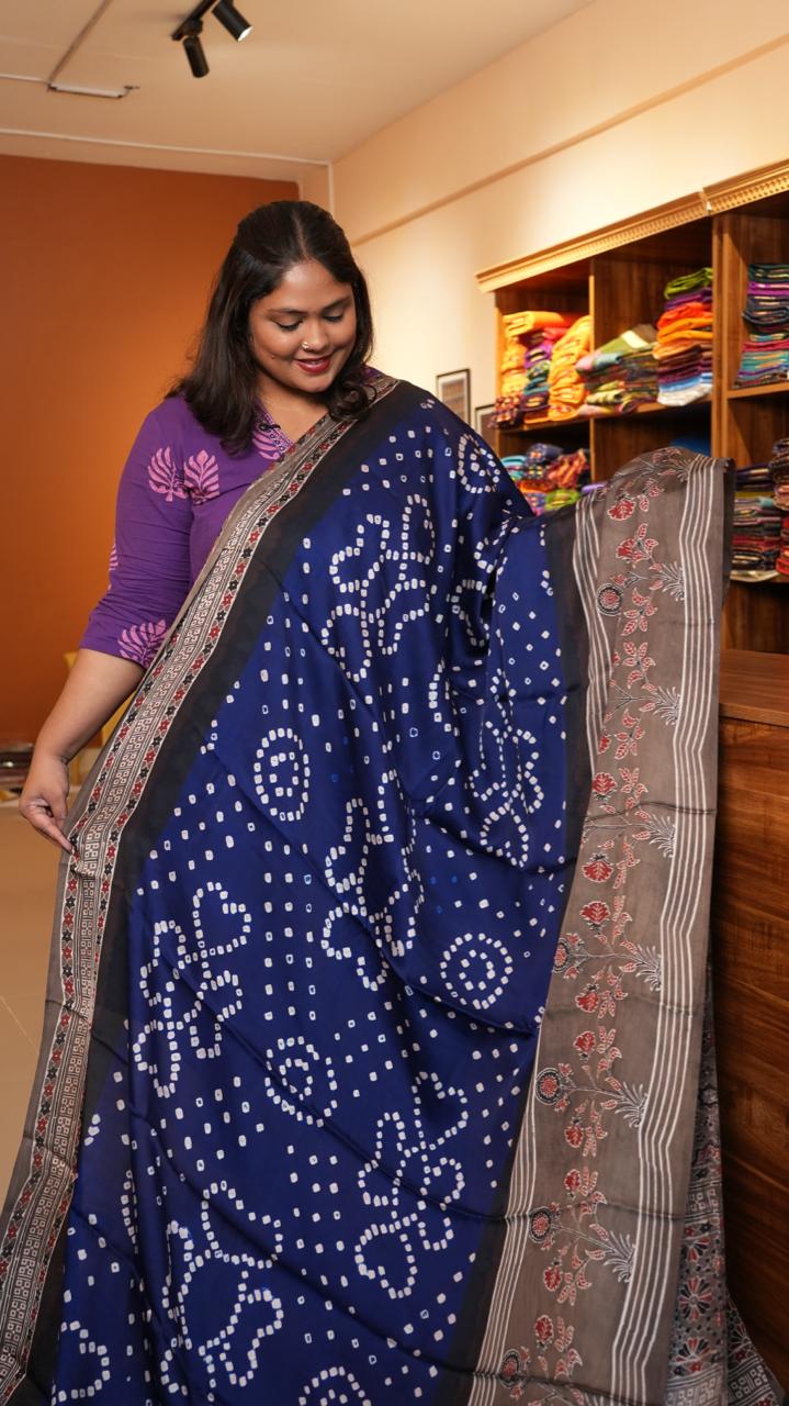 Bandini with Ajrakh Print Modal Silk Saree - 46-12B-01-03 (Royal Blue)