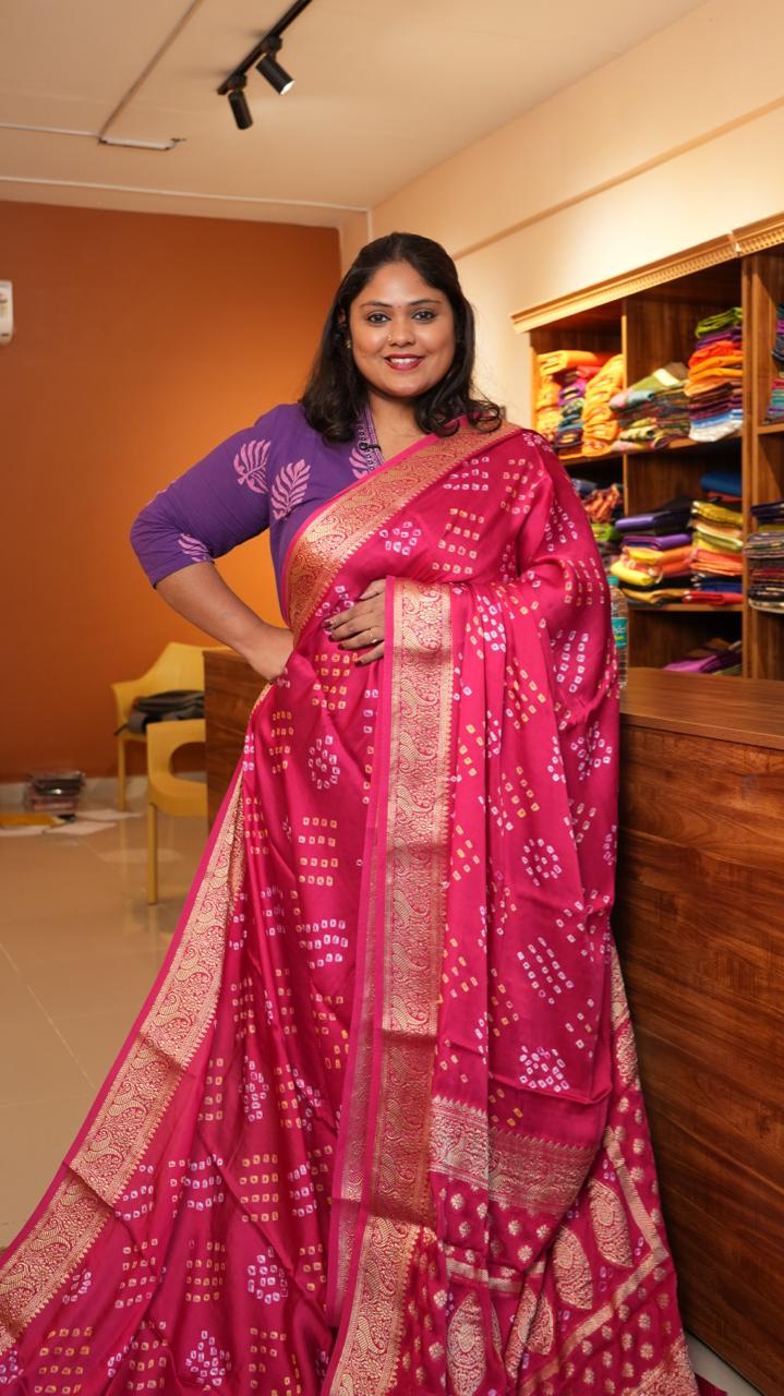 Bandini with Benaras Border Modal Silk Saree - 46-12B-03-01 (Rani Pink)
