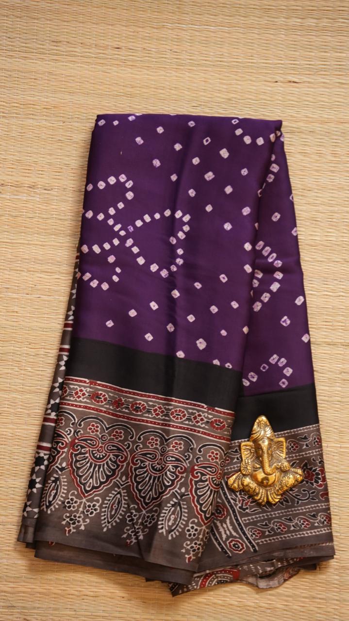 Bandini with Ajrakh Print Modal Silk Saree - 46-12B-01-02 (Purple)