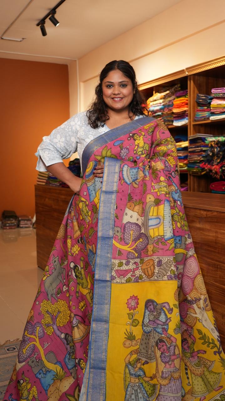 Pen Kalamkari Hand Painted Saree - 02-01-01-07 (Pink Flamed)