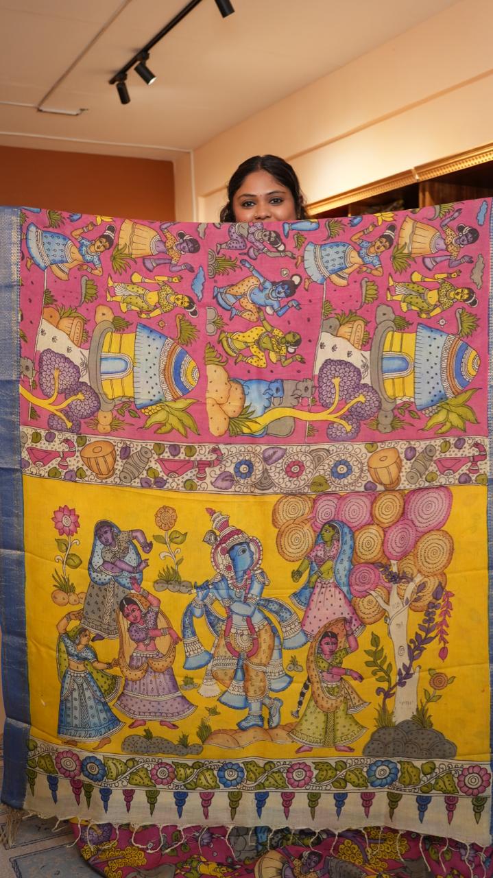 Pen Kalamkari Hand Painted Saree - 02-01-01-07 (Pink Flamed)