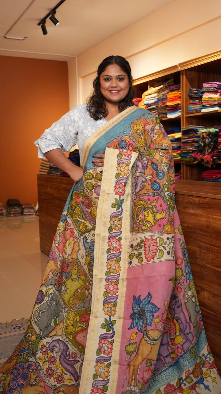 Pen Kalamkari Hand Painted Saree - 02-01-01-05 (Colourfull)