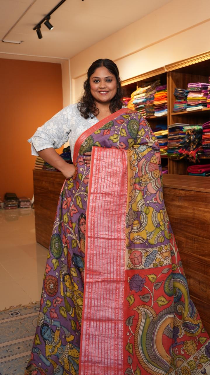 Pen Kalamkari Hand Painted Saree - 02-01-01-03 (Vibrant Purple)