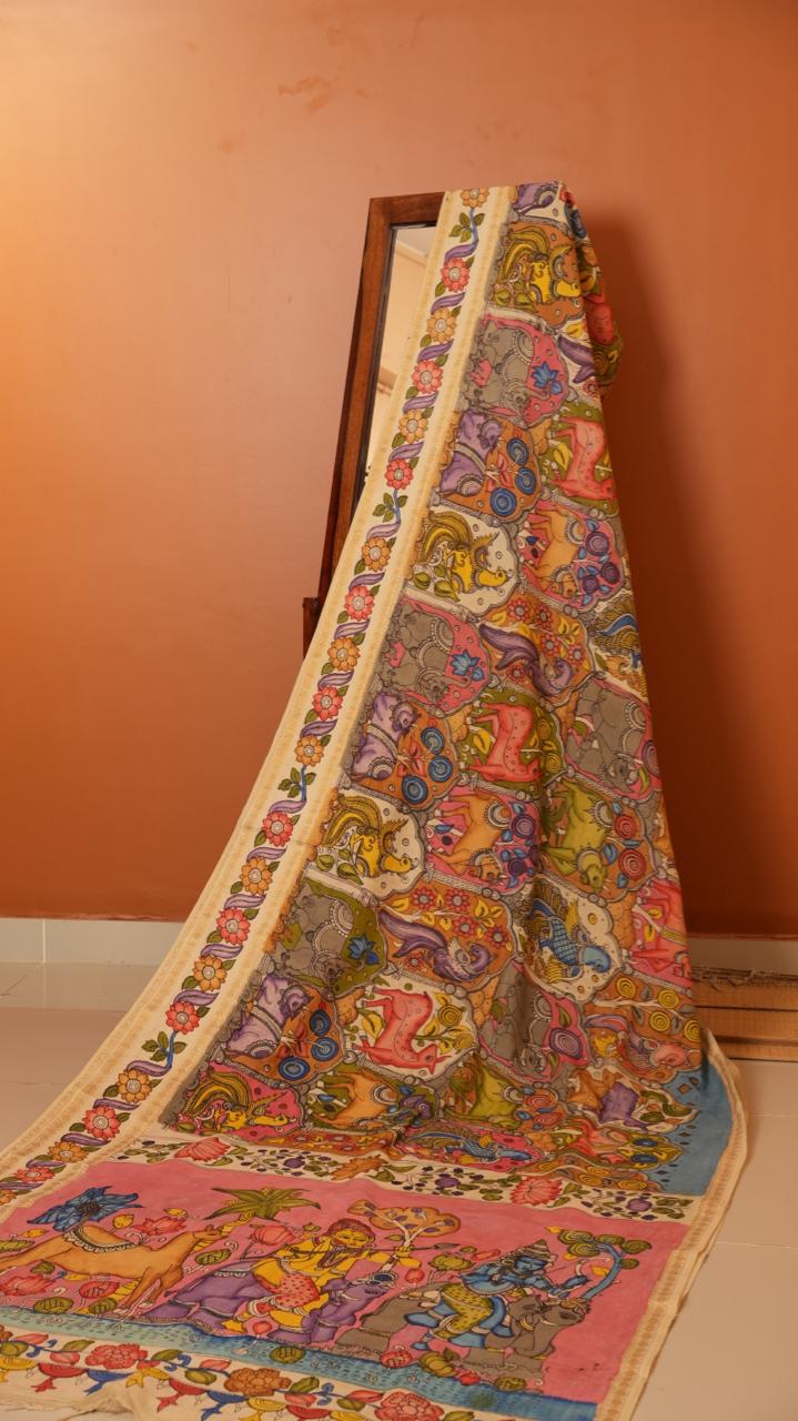 Pen Kalamkari Hand Painted Saree - 02-01-01-05 (Colourfull)
