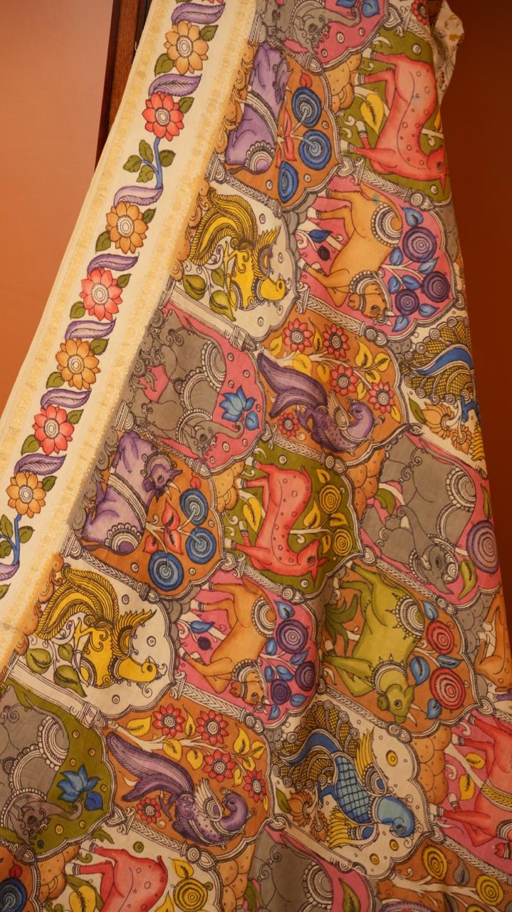 Pen Kalamkari Hand Painted Saree - 02-01-01-05 (Colourfull)