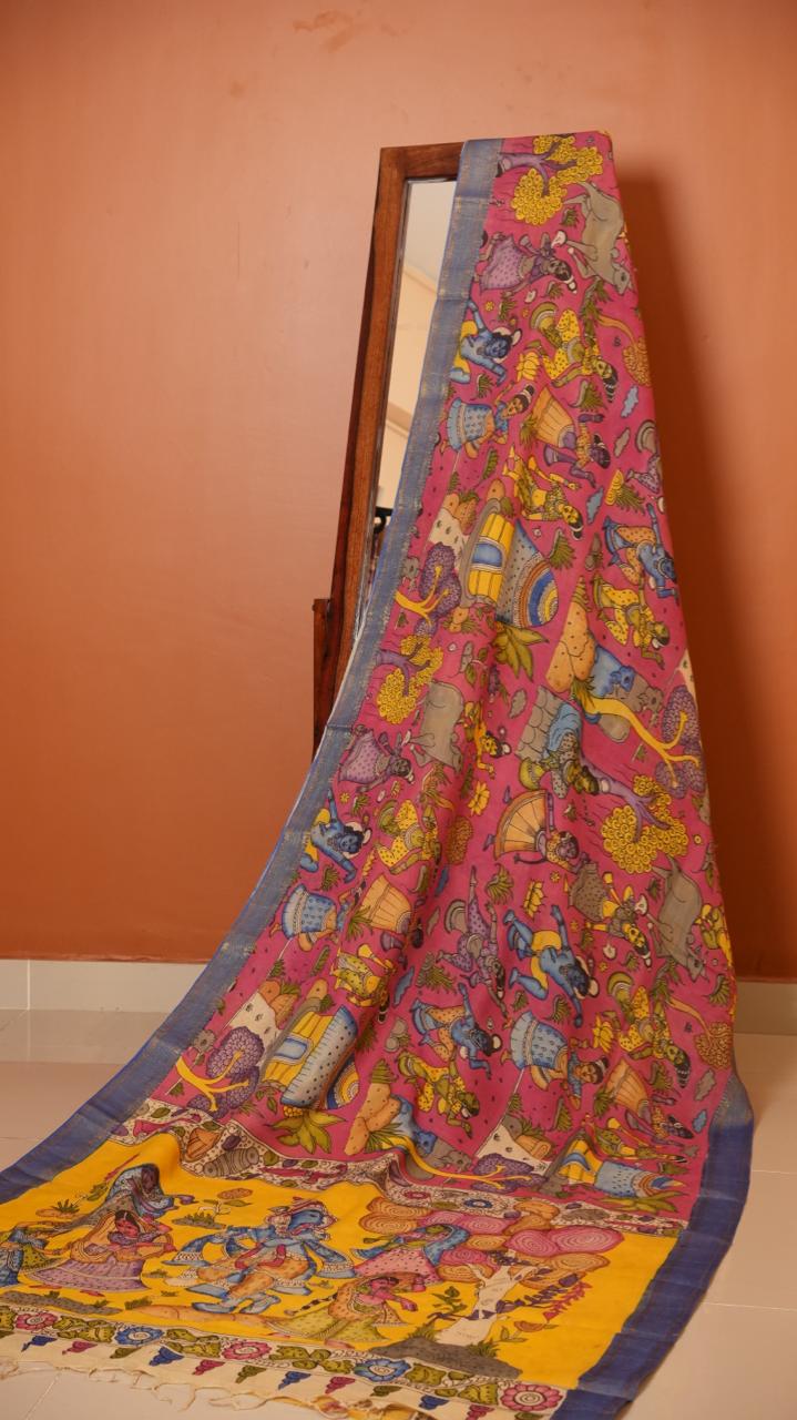 Pen Kalamkari Hand Painted Saree - 02-01-01-07 (Pink Flamed)