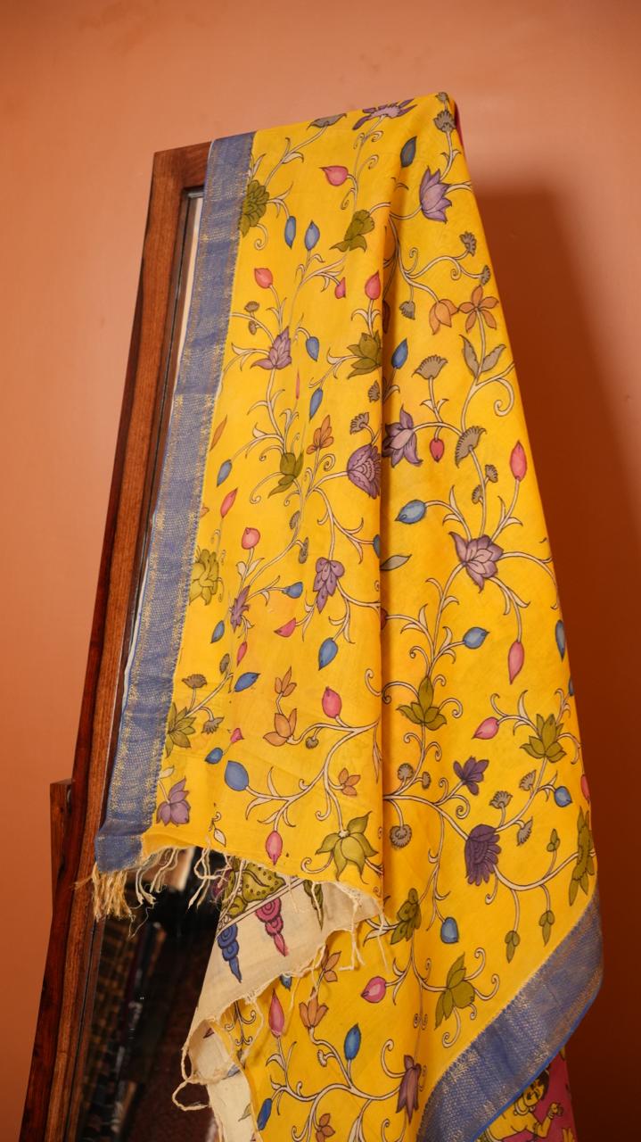 Pen Kalamkari Hand Painted Saree - 02-01-01-07 (Pink Flamed)