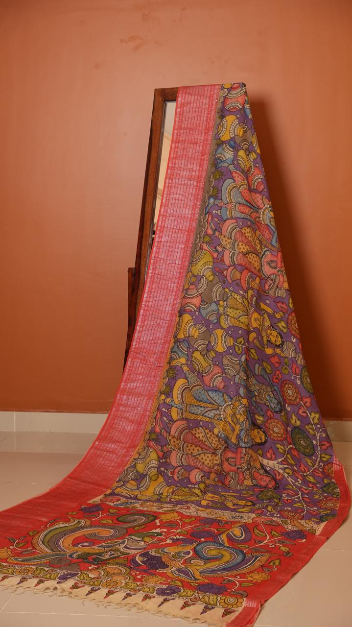 Pen Kalamkari Hand Painted Saree - 02-01-01-03 (Vibrant Purple)