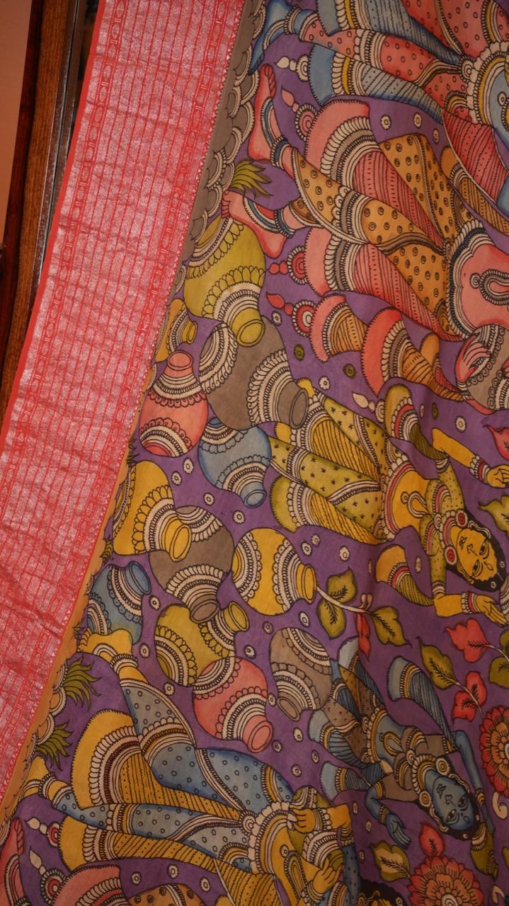 Pen Kalamkari Hand Painted Saree - 02-01-01-03 (Vibrant Purple)