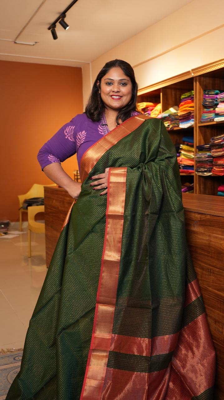 Maheshwari Silk Cotton Kattam Saree - 05-01-01-14 (Velvet - Emerald)