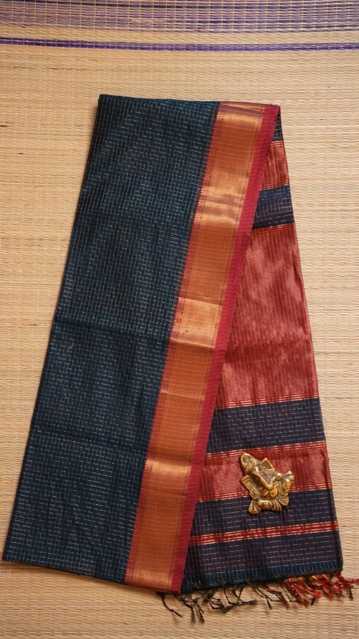 Maheshwari Silk Cotton Kattam Saree - 05-01-01-12 (Peacock Green with Red)