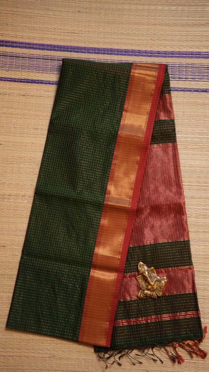 Maheshwari Silk Cotton Kattam Saree - 05-01-01-14 (Velvet - Emerald)