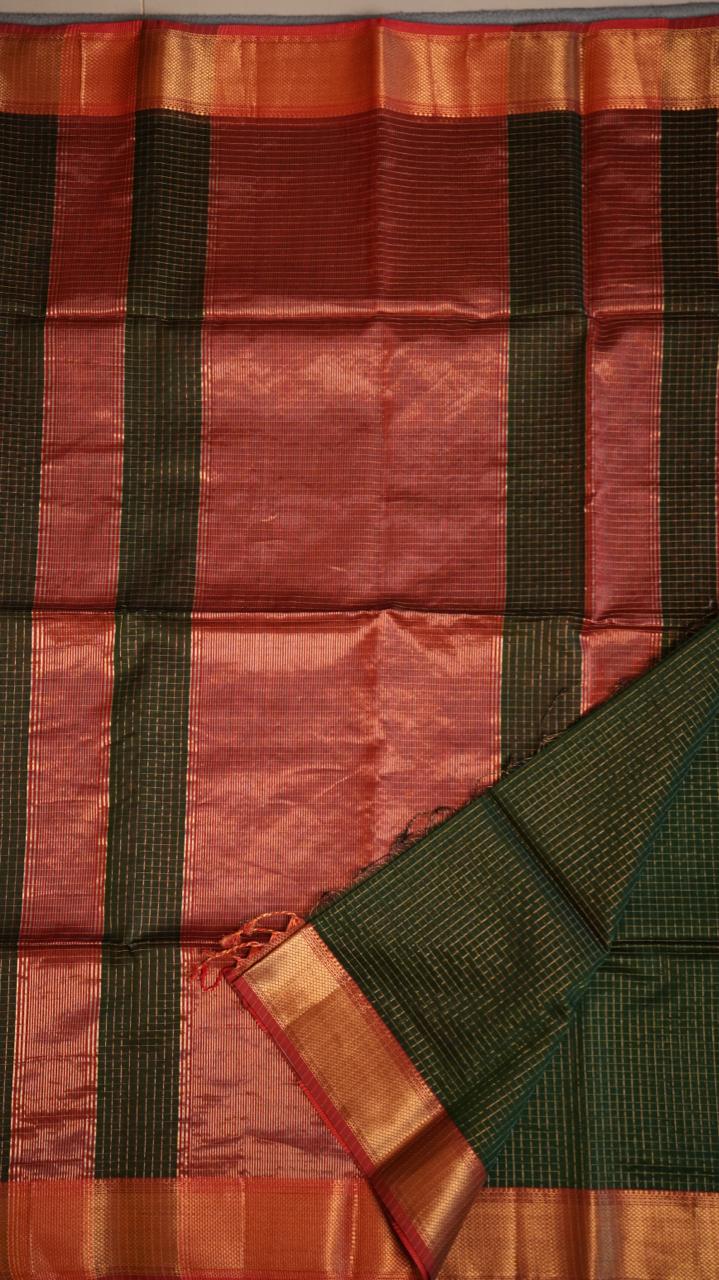 Maheshwari Silk Cotton Kattam Saree - 05-01-01-14 (Velvet - Emerald)