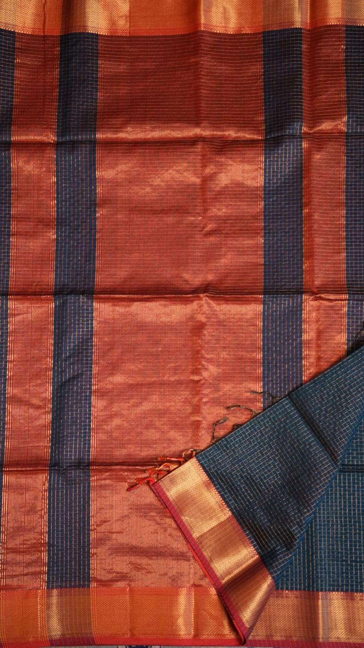 Maheshwari Silk Cotton Kattam Saree - 05-01-01-12 (Peacock Green with Red)