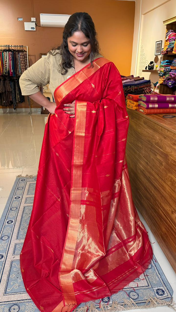 Maheshwari Silk Cotton Saree - 05-01B-01-02 (Tomato Red)