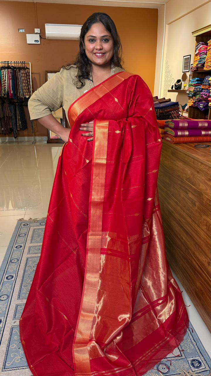 Maheshwari Silk Cotton Saree - 05-01B-01-02 (Tomato Red)