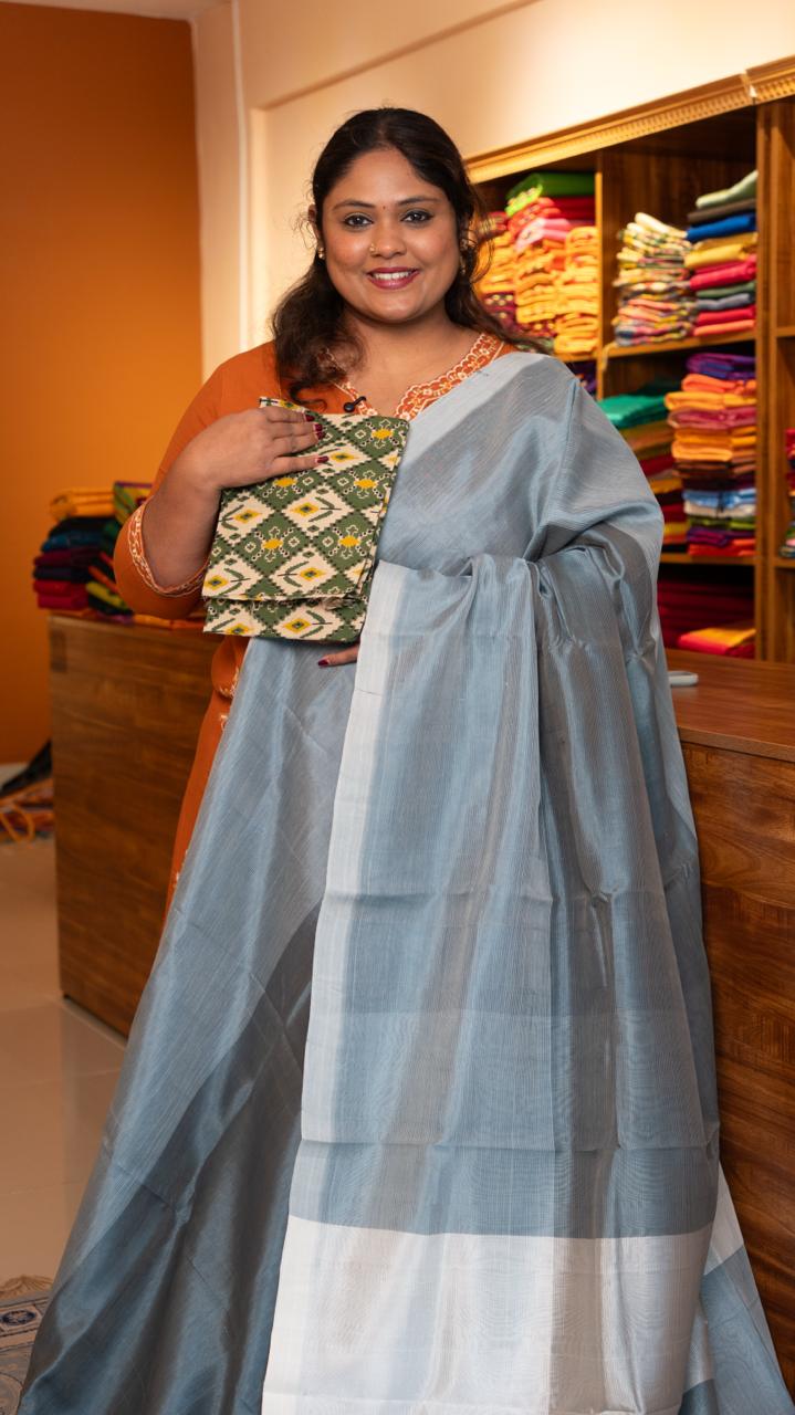 Mangalagiri Plain Silk Cotton Saree - 15-01-03-03 (Grey with White)