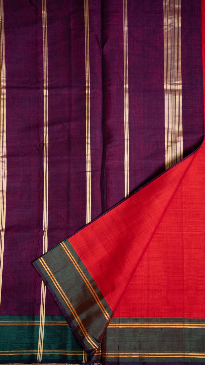 Devendra 6 Yards Plain Saree - 11-01-01-6Y-01 (Tomato Red with Violet)