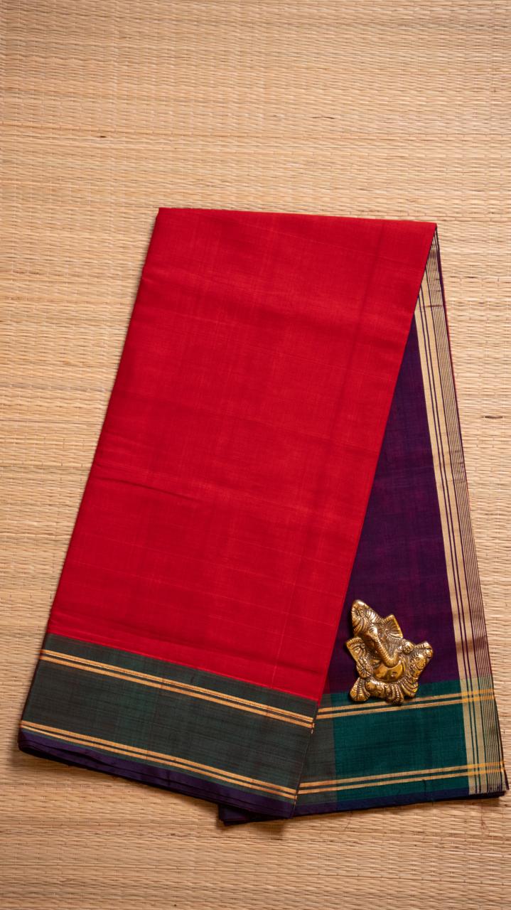 Devendra 6 Yards Plain Saree - 11-01-01-6Y-01 (Tomato Red with Violet)