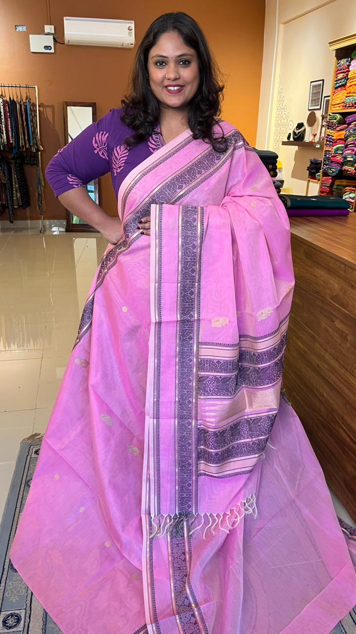 Kanchivaram Silk Cotton Saree - 01-07C-02-02 (Paneer Rose and Black)