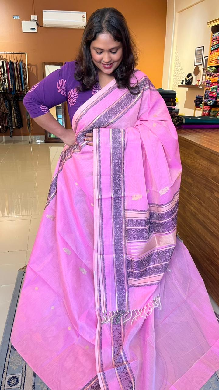 Kanchivaram Silk Cotton Saree - 01-07C-02-02 (Paneer Rose and Black)